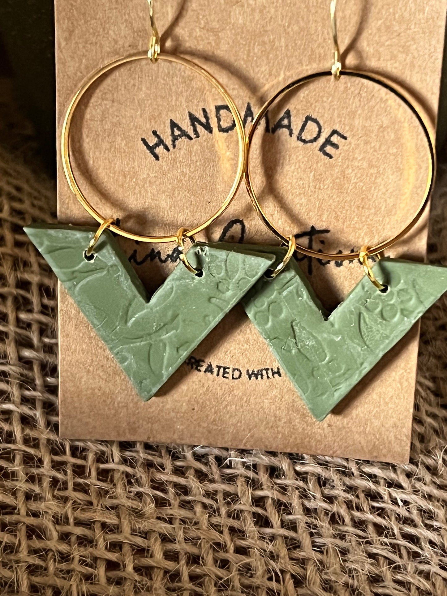 Olive green lightweight textured clay earrings handmade modern angle gold circle The Arrow