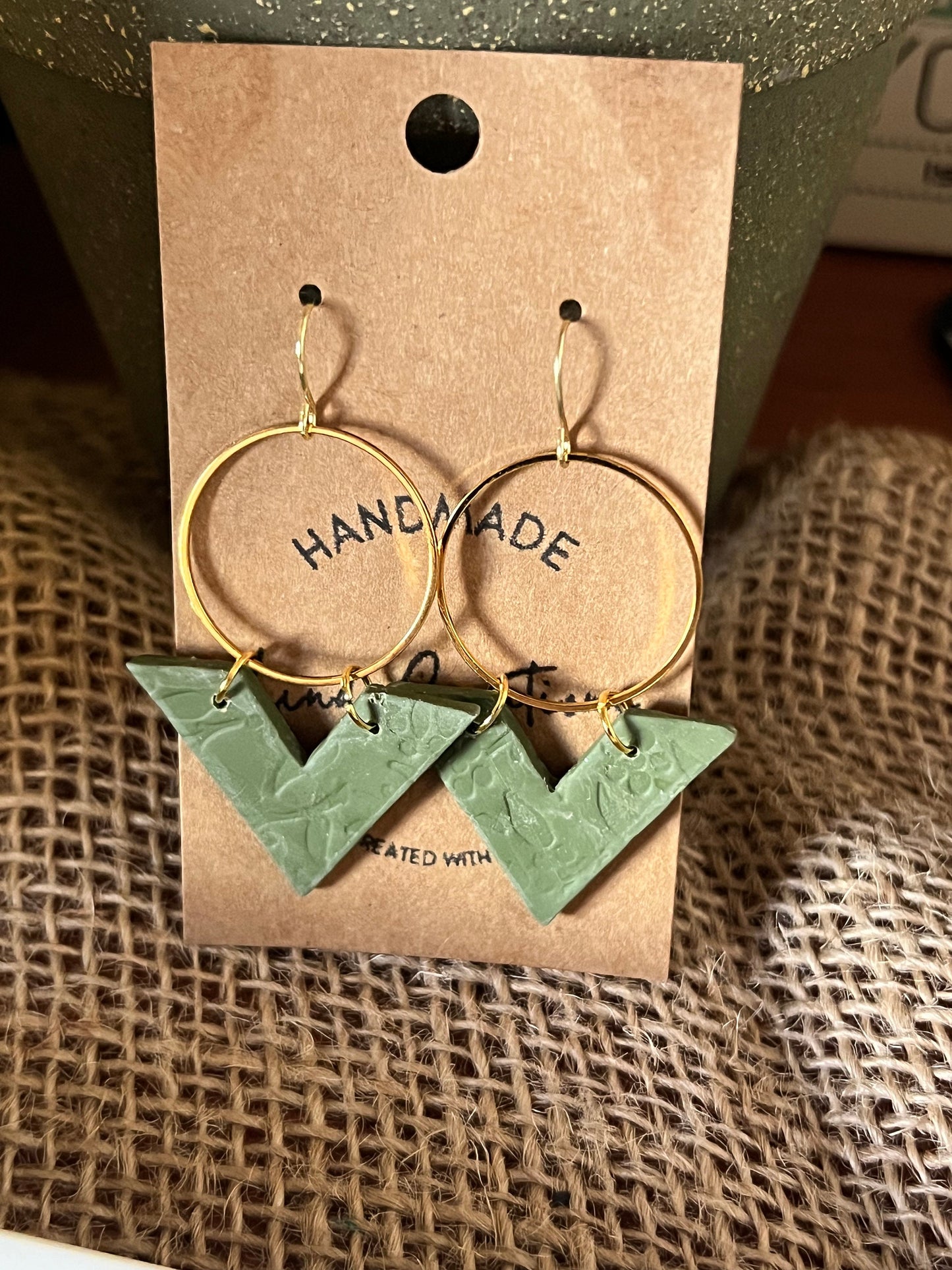 Olive green lightweight textured clay earrings handmade modern angle gold circle The Arrow