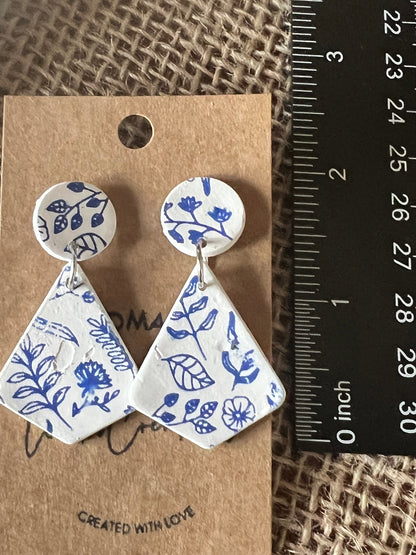 Blue Floral on white painted clay earrings/lightweight/hypoallergenic posts/The Flurry