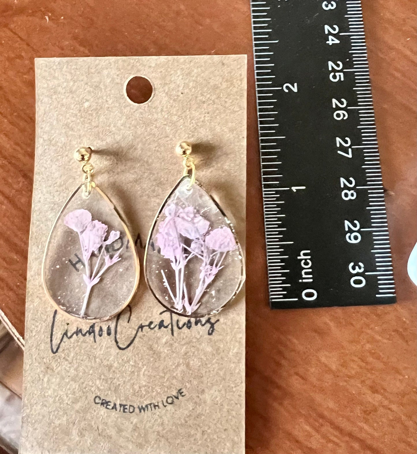 Dried Pink flowers in resin/dangling earrings/gold oval teardrop shape/lightweight/floral/The Teardrop