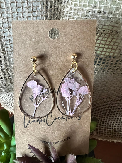 Dried Pink flowers in resin/dangling earrings/gold oval teardrop shape/lightweight/floral/The Teardrop