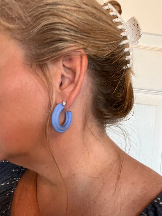 Light blue hoops polymer clay earrings chunky lightweight handmade textured small hoops