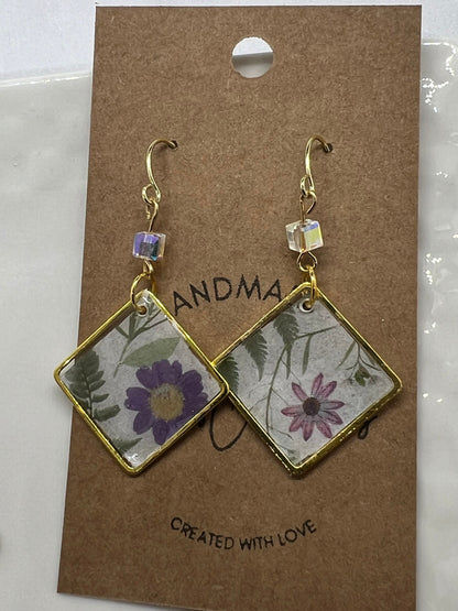 Floral botanical print in multiple colors/gold square dangling resin earrings/gold ear wire closure/ultra lightweight /The Abbey