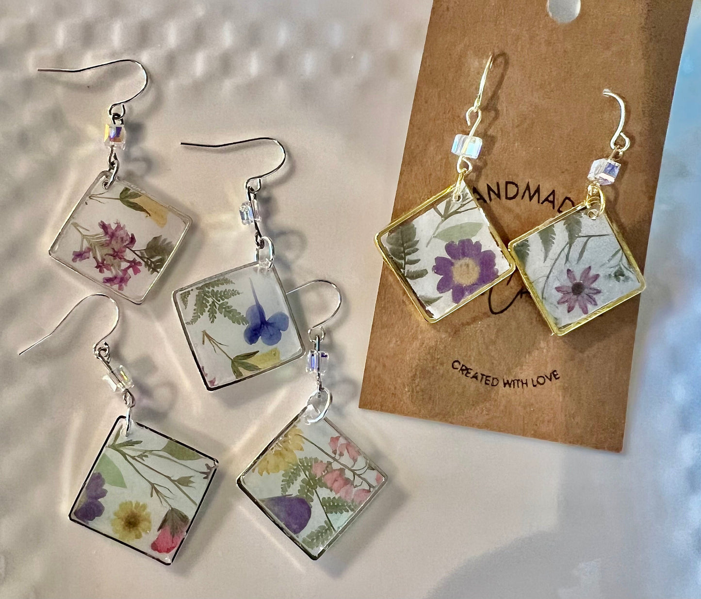 Floral botanical print in multiple colors/gold square dangling resin earrings/gold ear wire closure/ultra lightweight /The Abbey