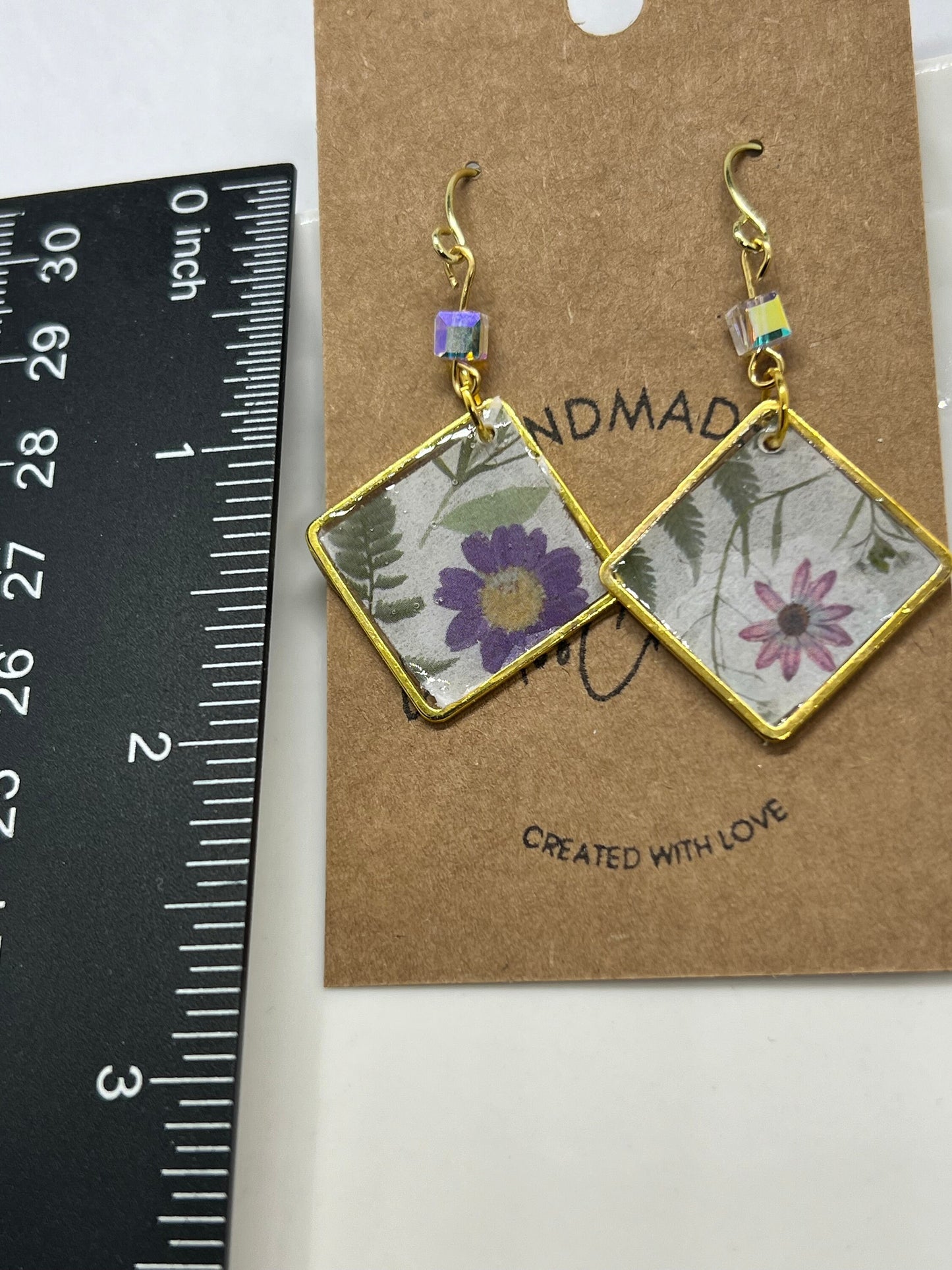 Floral botanical print in multiple colors/gold square dangling resin earrings/gold ear wire closure/ultra lightweight /The Abbey