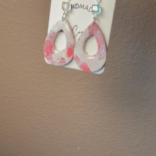 Pink marble long dangle Clay Dangle Earrings: Silver Accents,  crystal bead accent Handmade Statement Jewelry