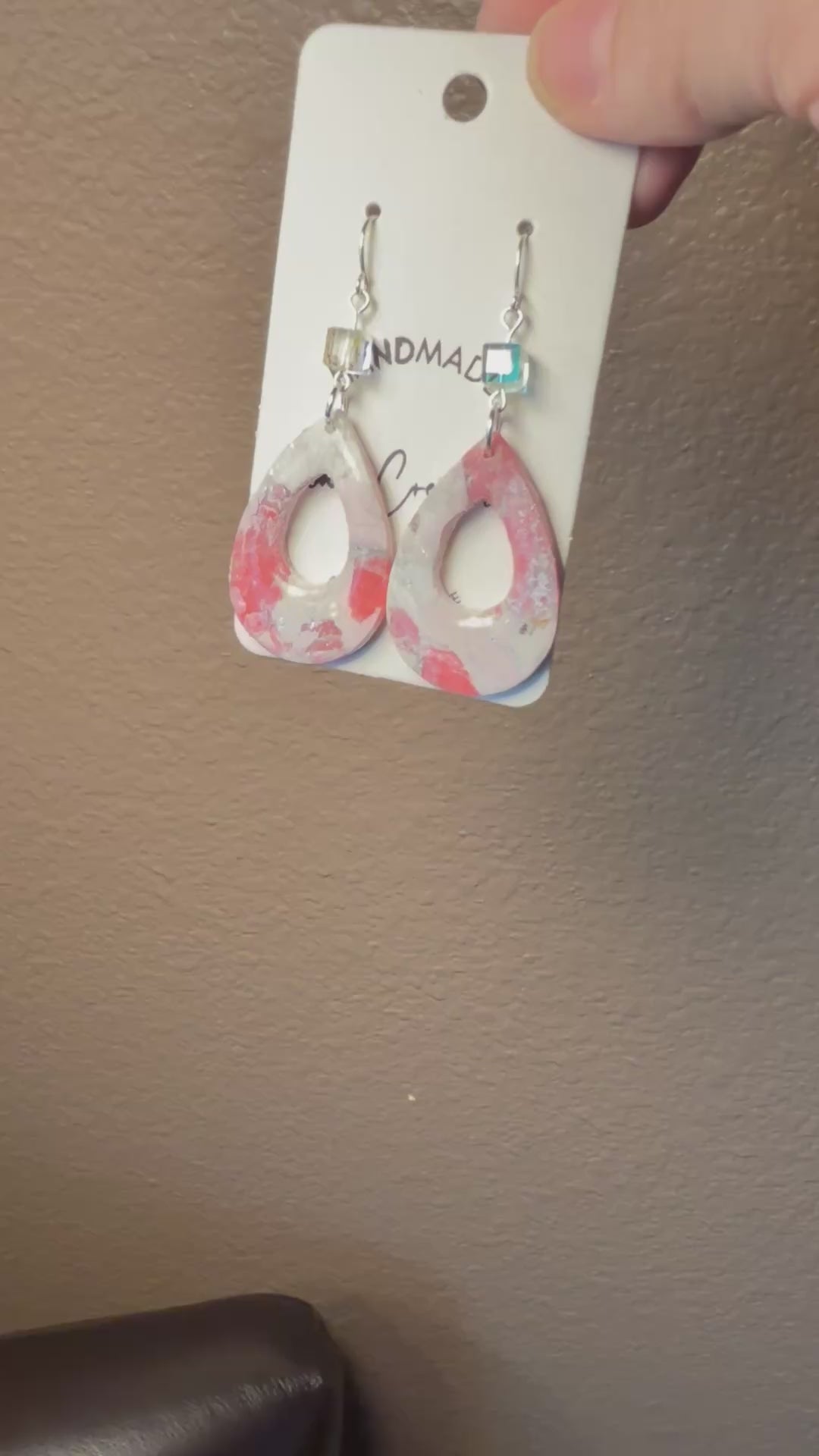 Pink marble long dangle Clay Dangle Earrings: Silver Accents,  crystal bead accent Handmade Statement Jewelry