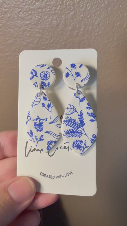 Clip on polymer clay earrings blue and white floral pattern dangle handmade clay gift for her wedding bridal gift