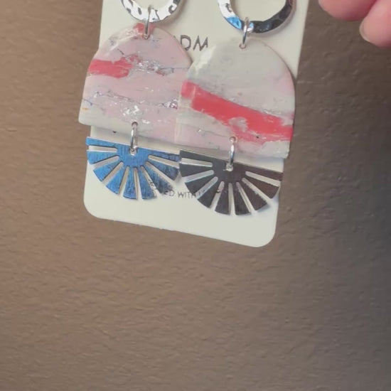 Pink marble bold Clay Dangle Earrings: Silver fan Accents,  Handmade Statement Jewelry
