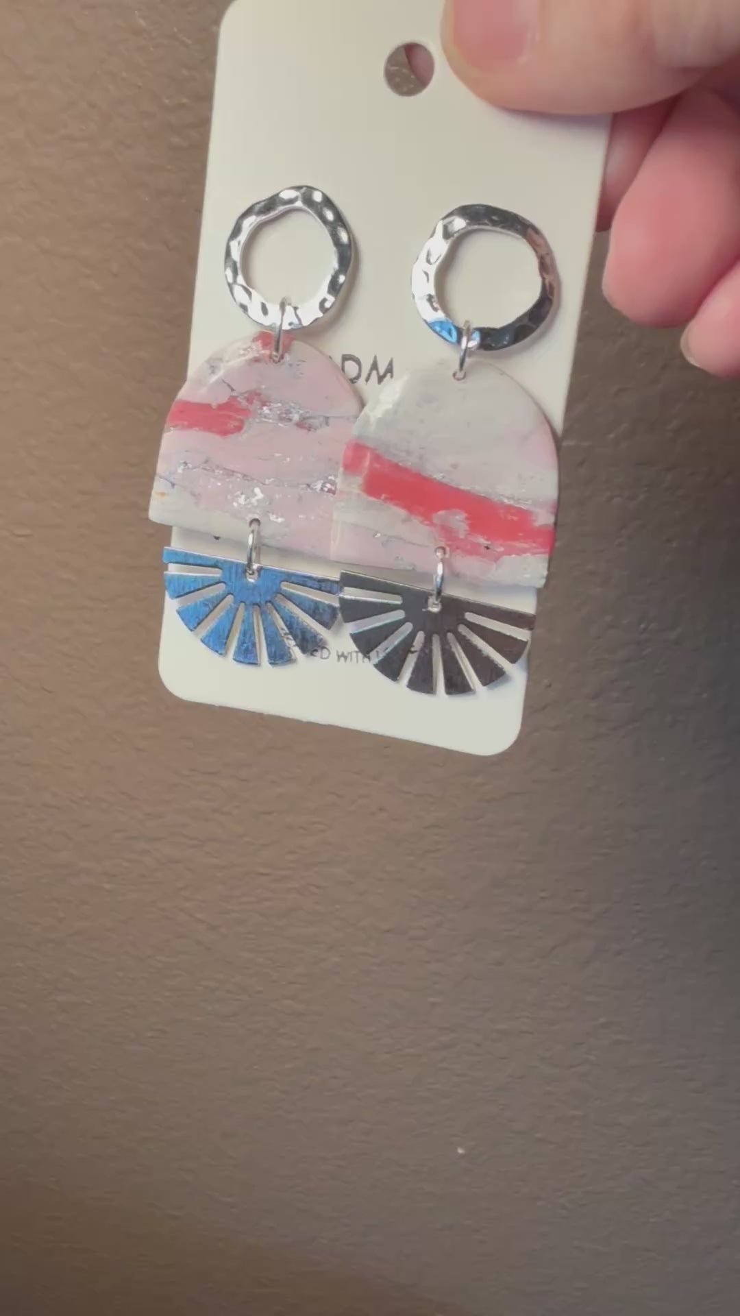 Pink marble bold Clay Dangle Earrings: Silver fan Accents,  Handmade Statement Jewelry