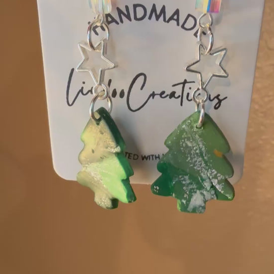 Polymer clay green christmas tree dangling earring with silver star charm clear bead and silver coated ear wire closure holiday gift idea for her