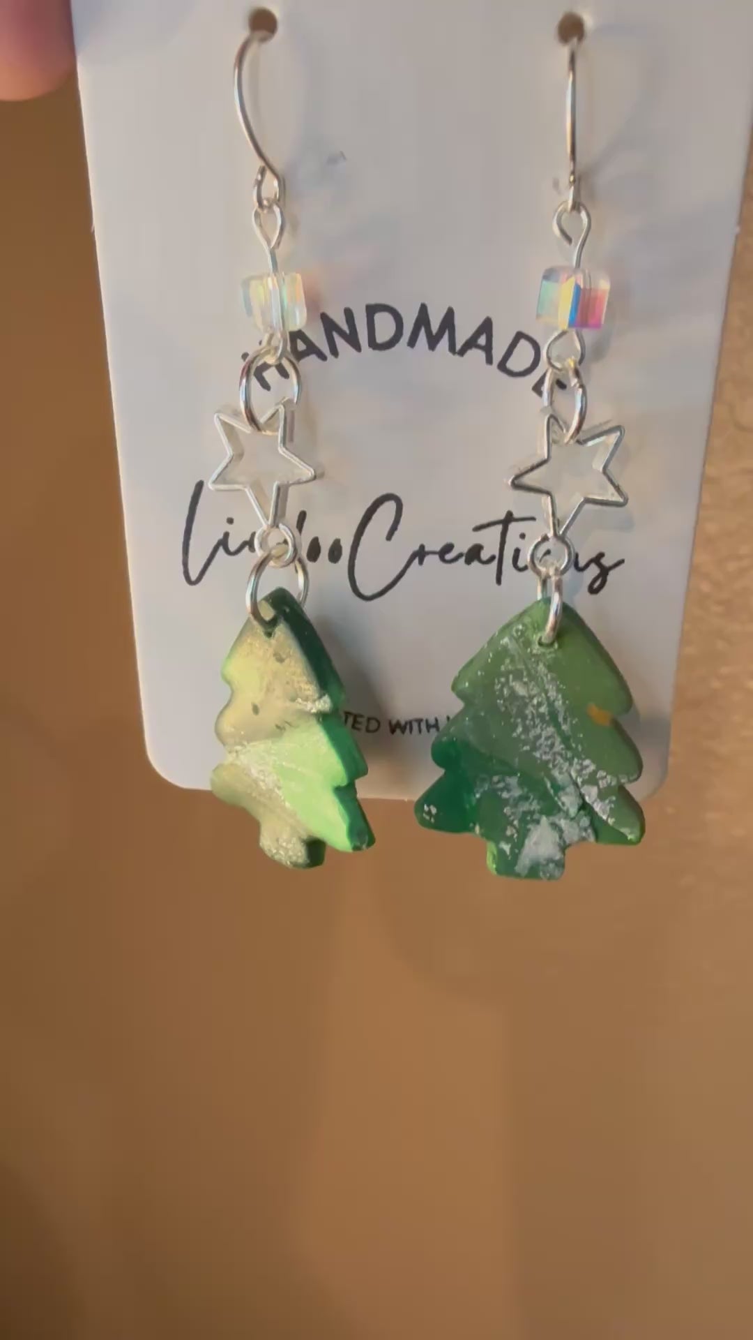 Polymer clay green christmas tree dangling earring with silver star charm clear bead and silver coated ear wire closure holiday gift idea for her