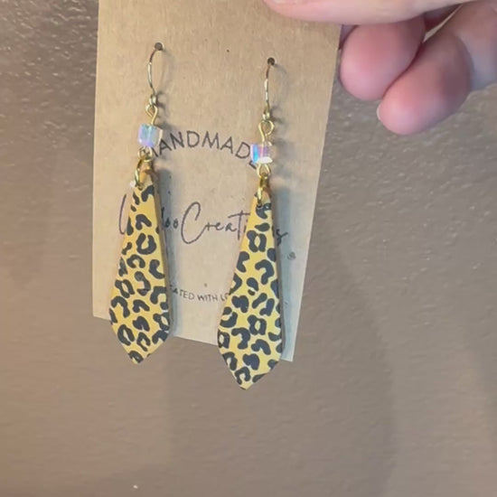 Leopard print clay earrings handmade animal print jewelry tan black geometric edgy modern clay earring trendy bold statement funky jewelry gift for stylish woman