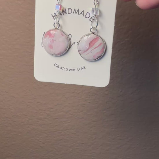 pink marble polymer clay earrings lightweight handmade stylish gift for her silver accents crystal bead accent silver wire hooks