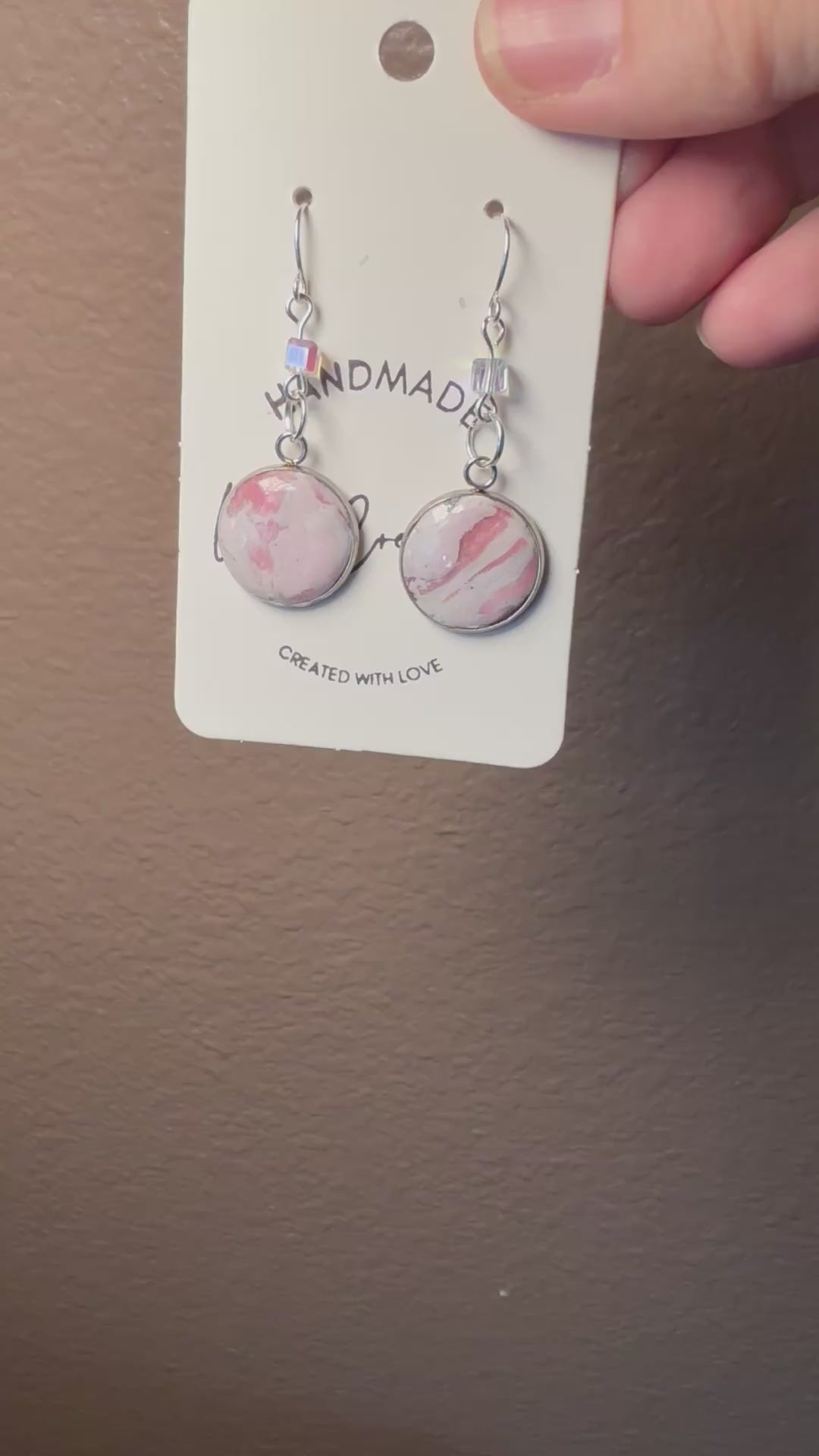 pink marble polymer clay earrings lightweight handmade stylish gift for her silver accents crystal bead accent silver wire hooks