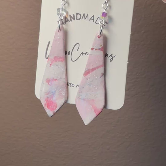 Pink marble long dangle Clay Dangle Earrings: Silver Accents,  crystal bead accent Handmade Statement Jewelry