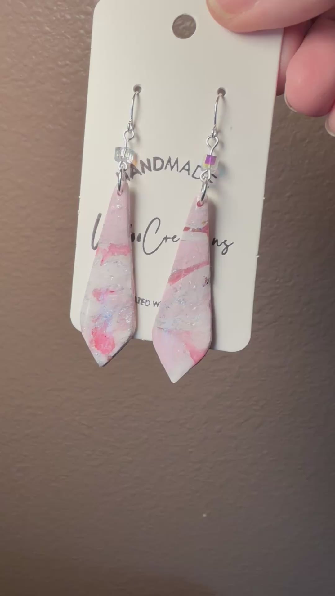 Pink marble long dangle Clay Dangle Earrings: Silver Accents,  crystal bead accent Handmade Statement Jewelry