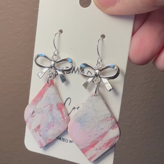 Pink marble bold Clay Dangle Earrings: Silver Bow Accents,  Handmade Statement Jewelry