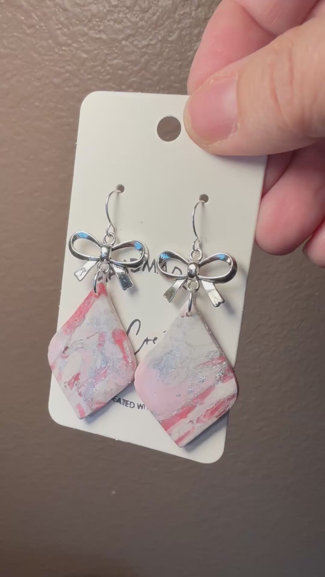 Pink marble bold Clay Dangle Earrings: Silver Bow Accents,  Handmade Statement Jewelry