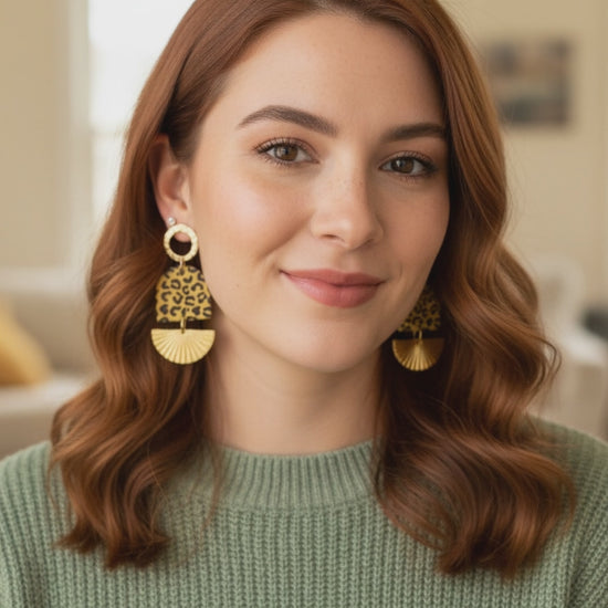 Leopard print earrings with gold accents clay earrings bold fashion lightweight handmade